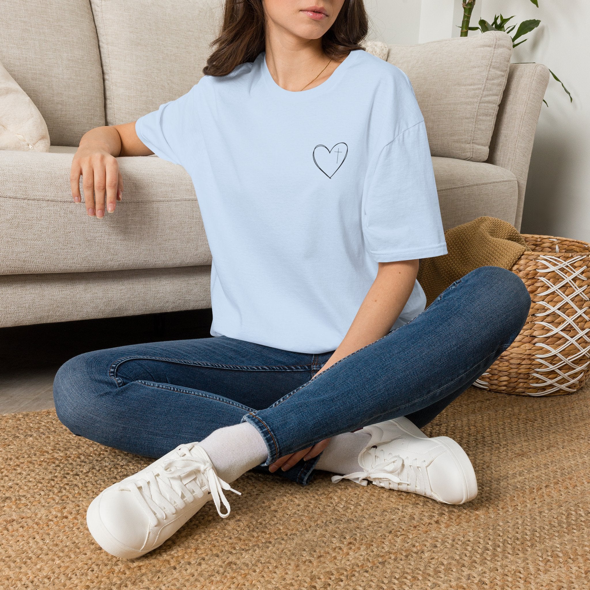 Minimal Cross Heart T‑Shirt — Simple Christian Heart Chest Tee