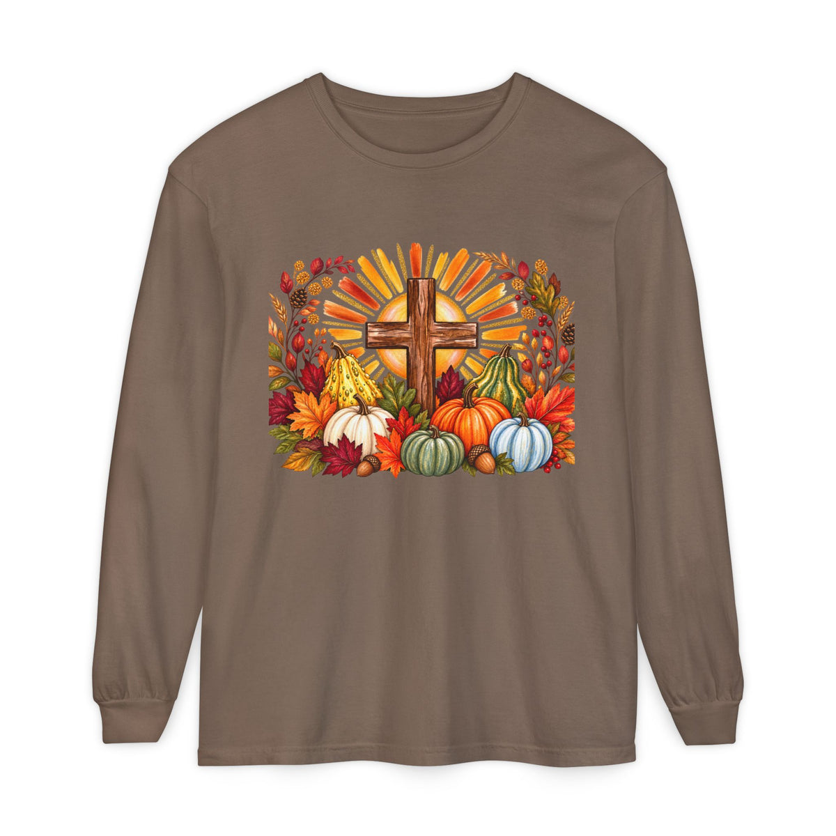 Christian Fall Cross Long Sleeve Tee Autumn Pumpkins and Leaves