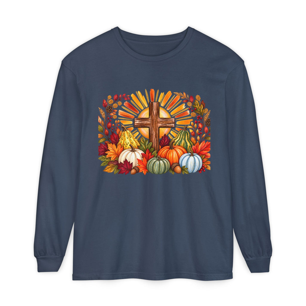 Christian Fall Cross Long Sleeve Tee Autumn Pumpkins and Leaves