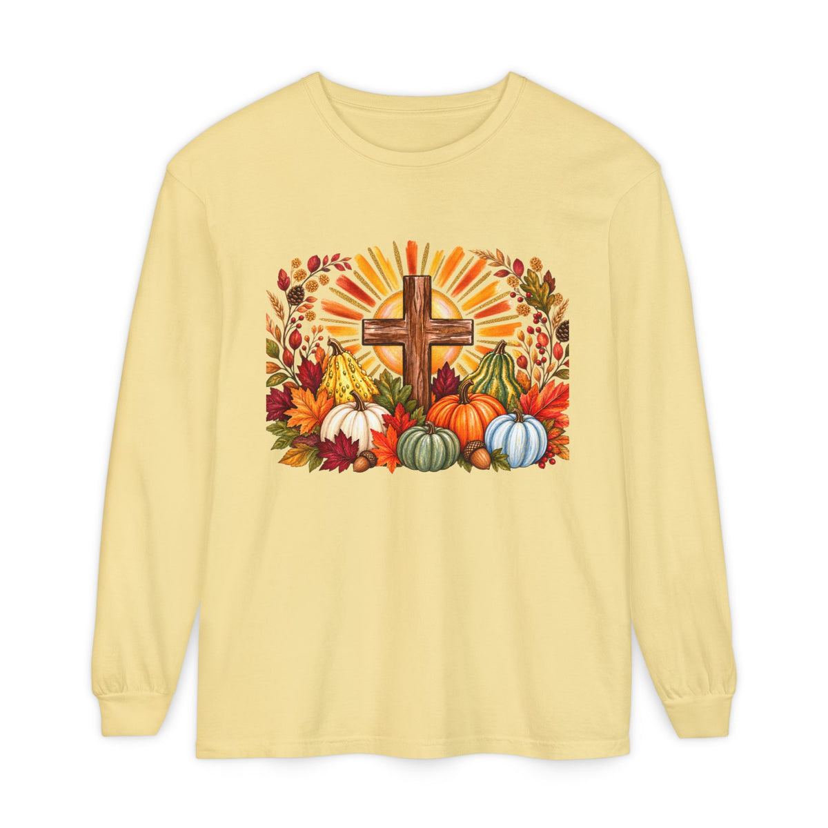 Christian Fall Cross Long Sleeve Tee Autumn Pumpkins and Leaves