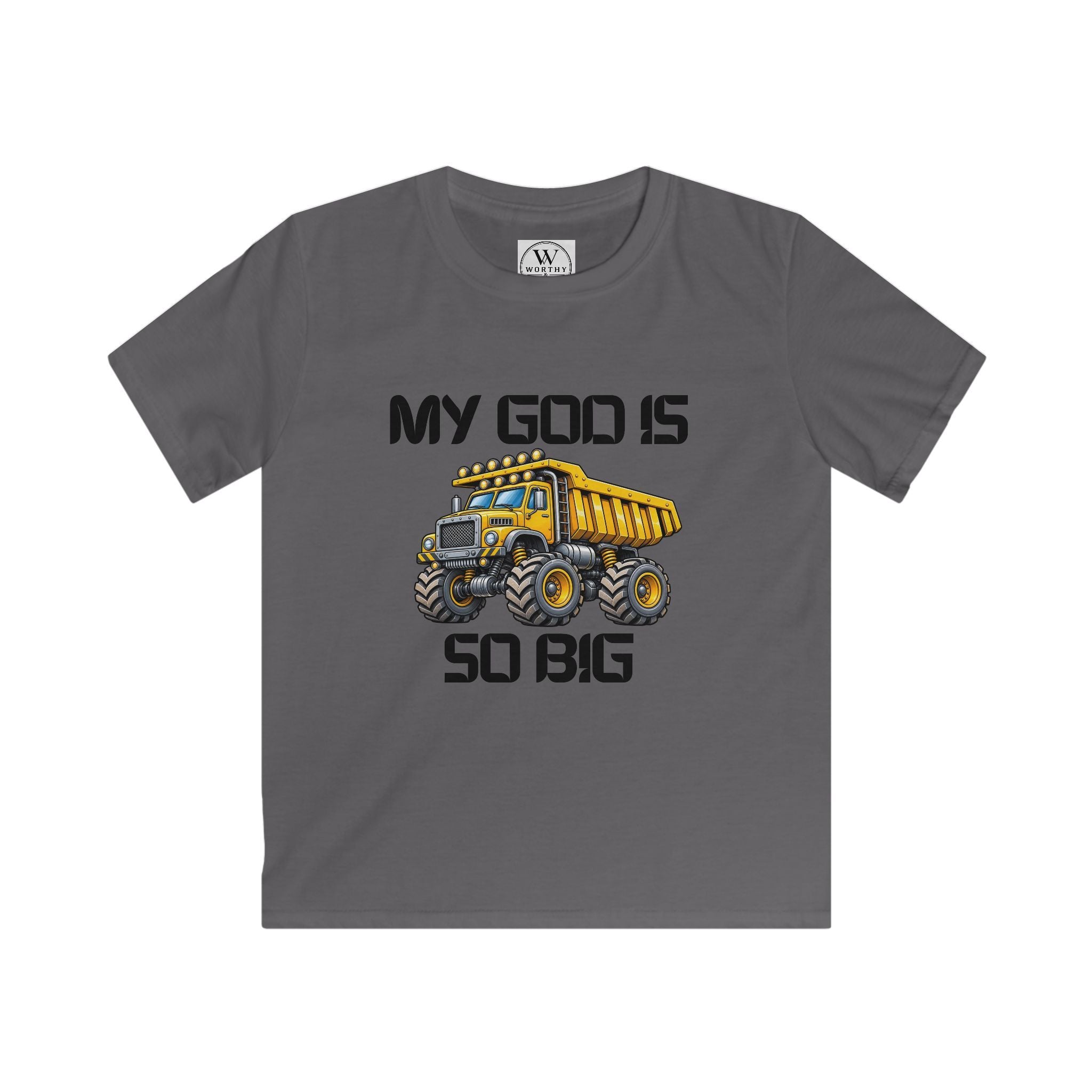 Kids Tee – "My God Is So Big" Yellow Dump Truck Graphic