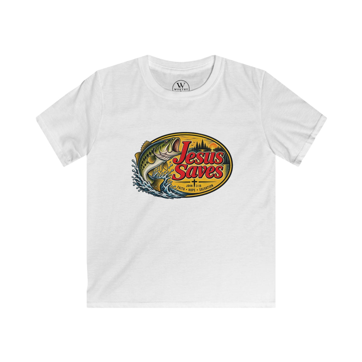 Kids Tee — 'Jesus Saves' Fishing Graphic Christian Shirt