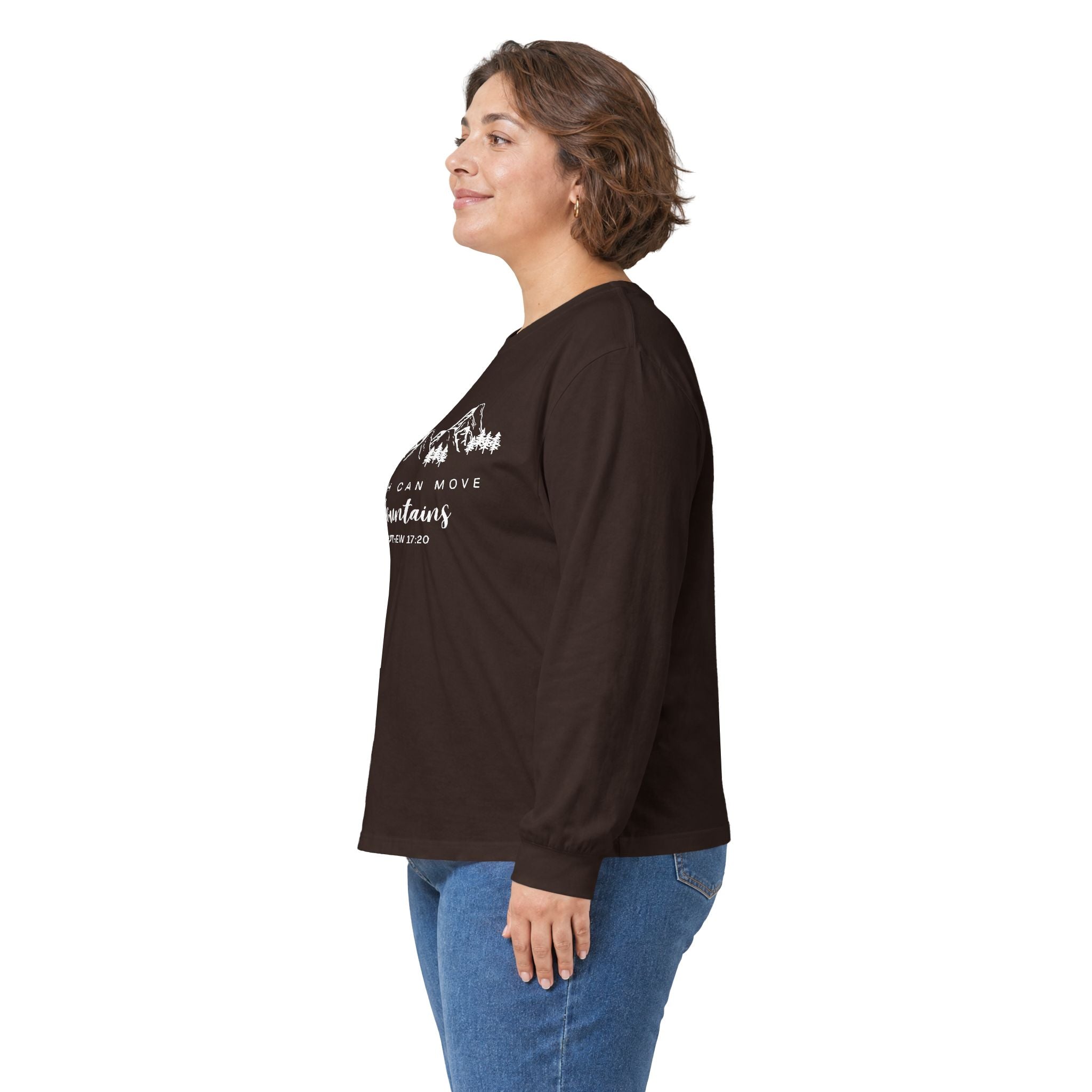 Long Sleeve Tee — "Faith Can Move Mountains" Mountain Graphic