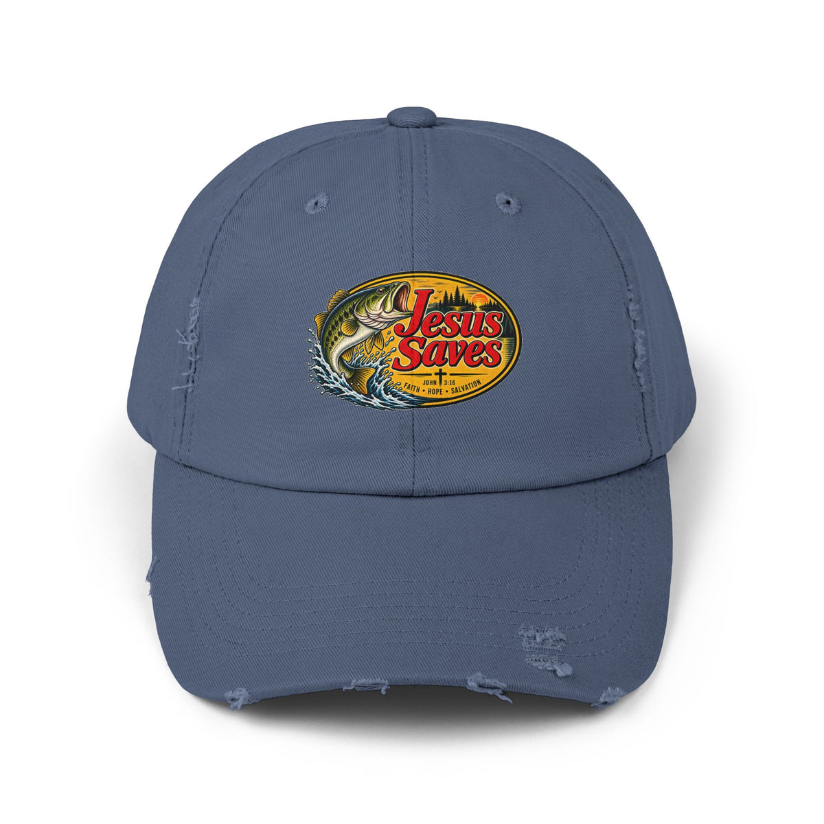 Distressed Cap — "Jesus Saves" Fishing Graphic Hat