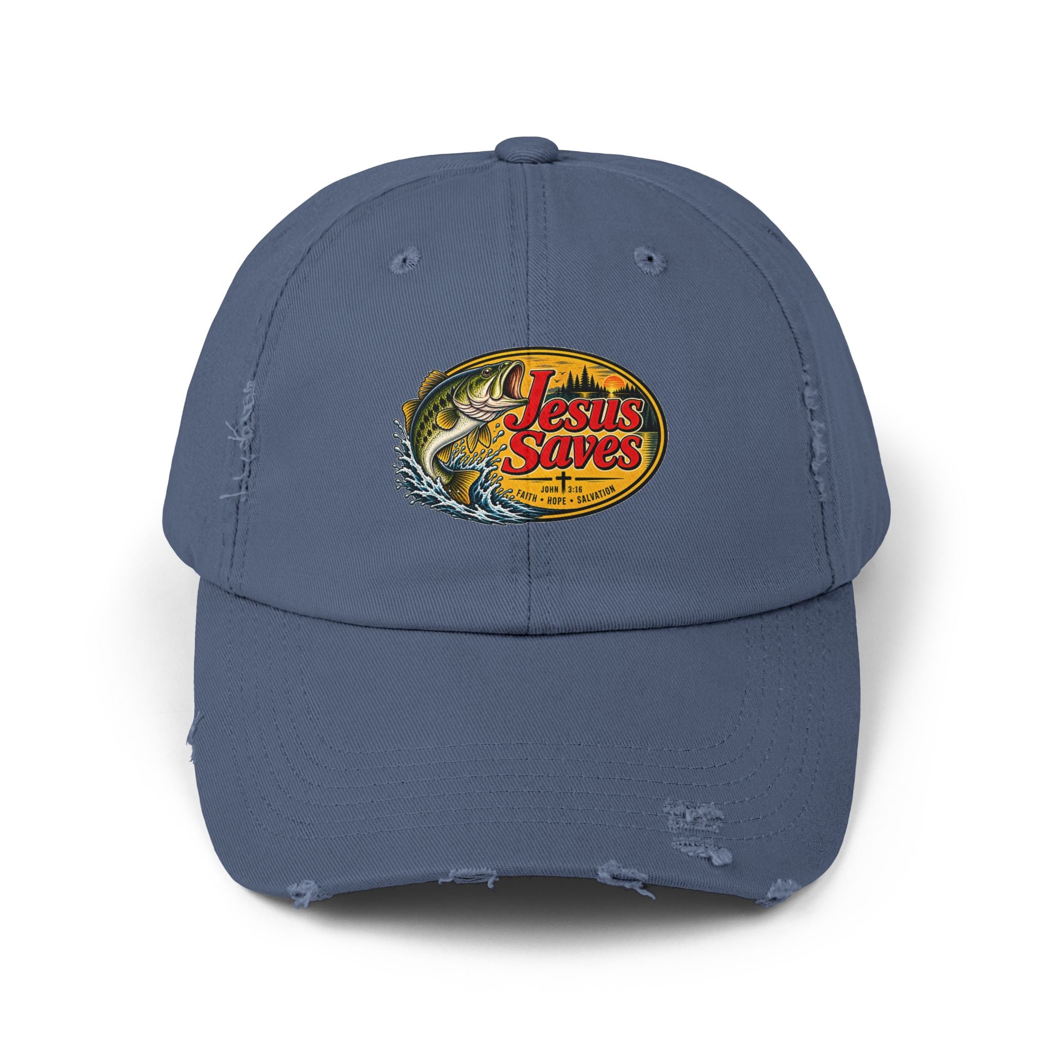 Distressed Cap — "Jesus Saves" Fishing Graphic Hat