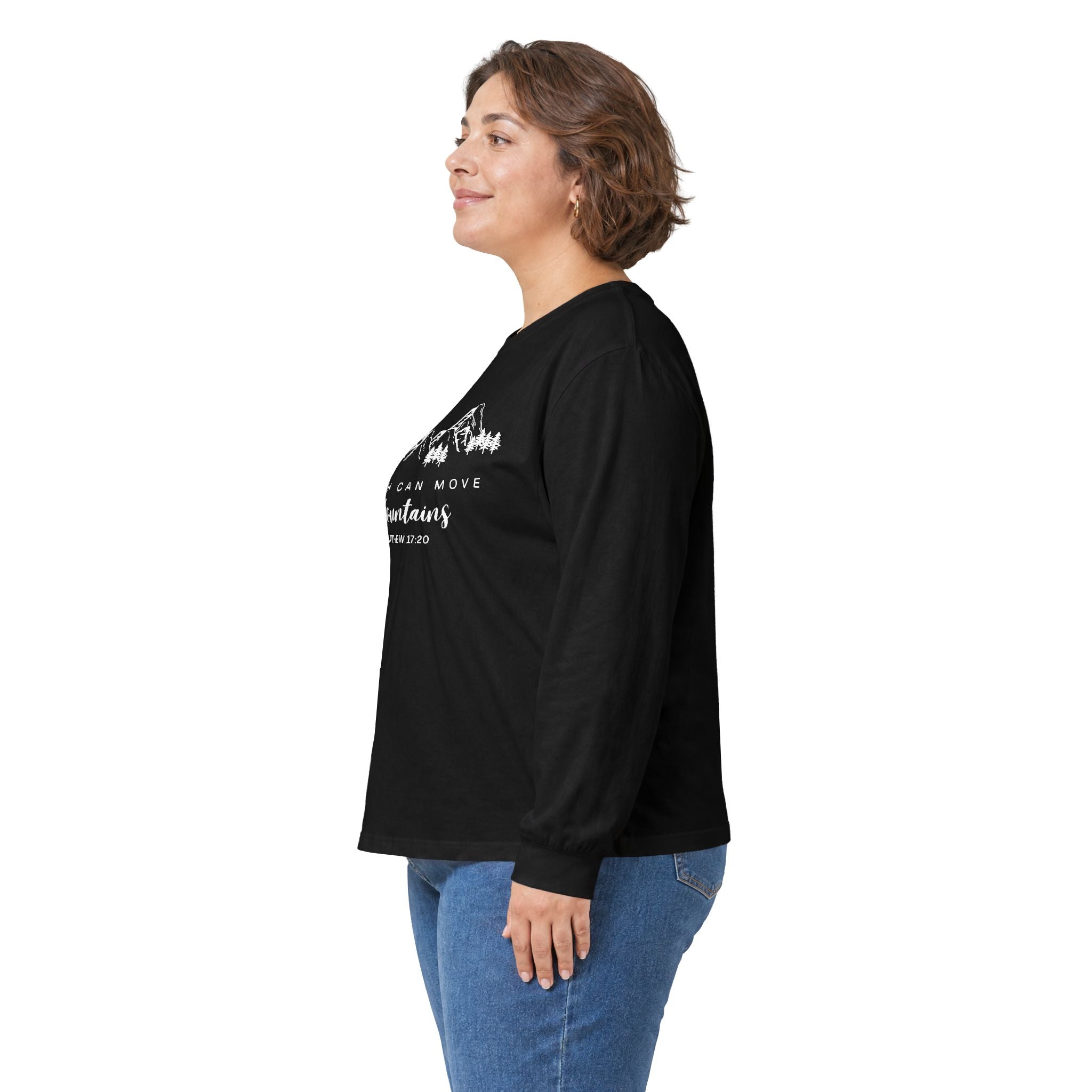 Long Sleeve Tee — "Faith Can Move Mountains" Mountain Graphic