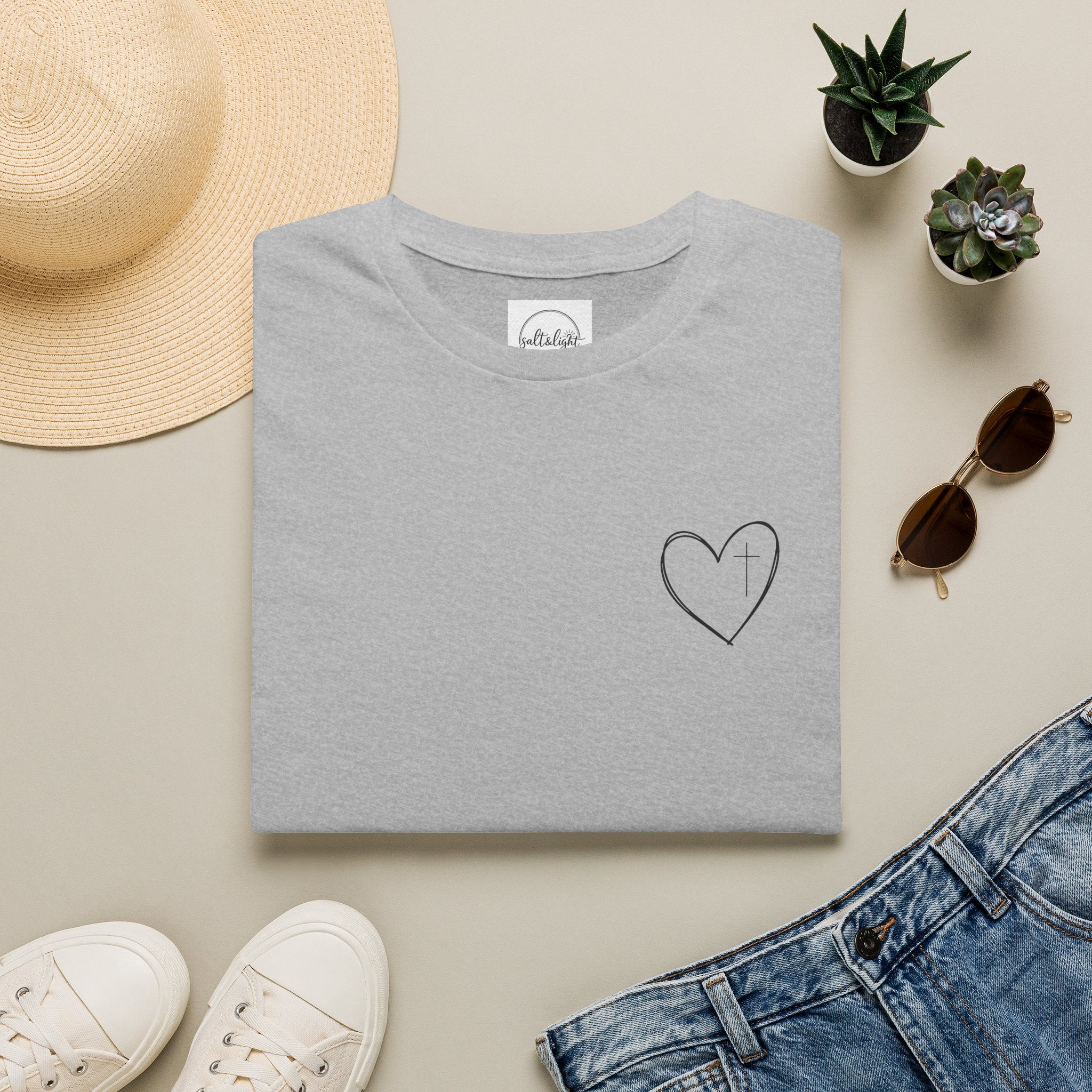 Minimal Cross Heart T‑Shirt — Simple Christian Heart Chest Tee