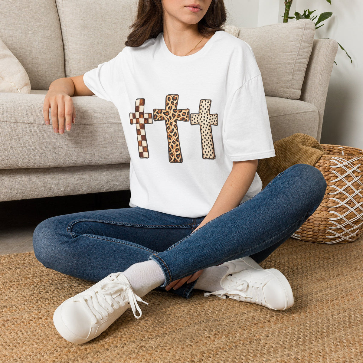 Leopard Checker Crosses Graphic T Shirt  Christian Faith Tee