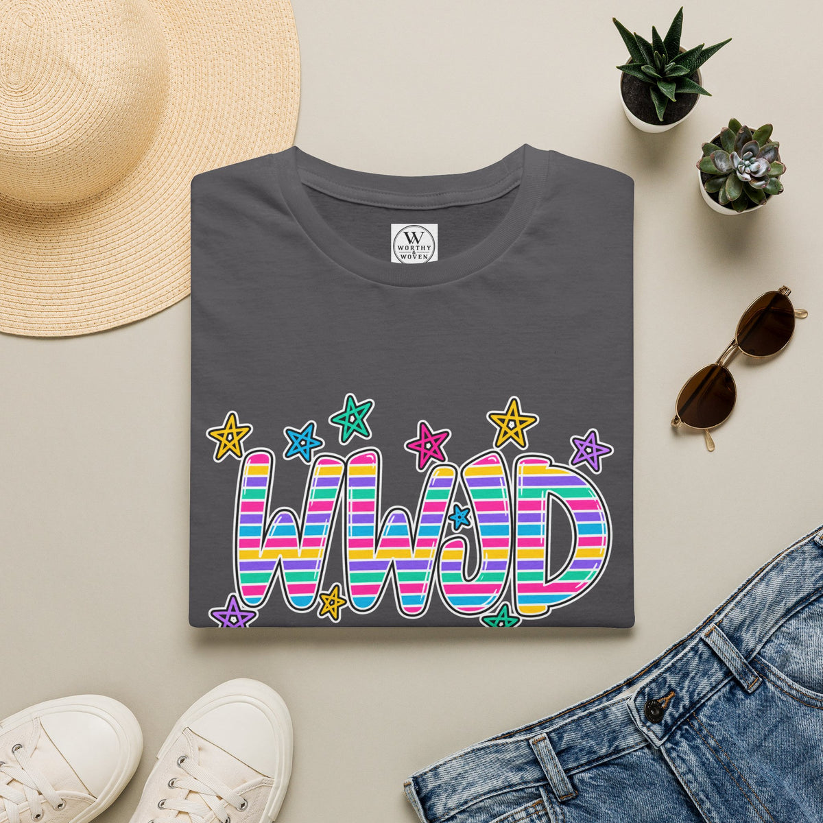 WWJD Rainbow Retro TShirt  Colorful Striped Letters with Stars