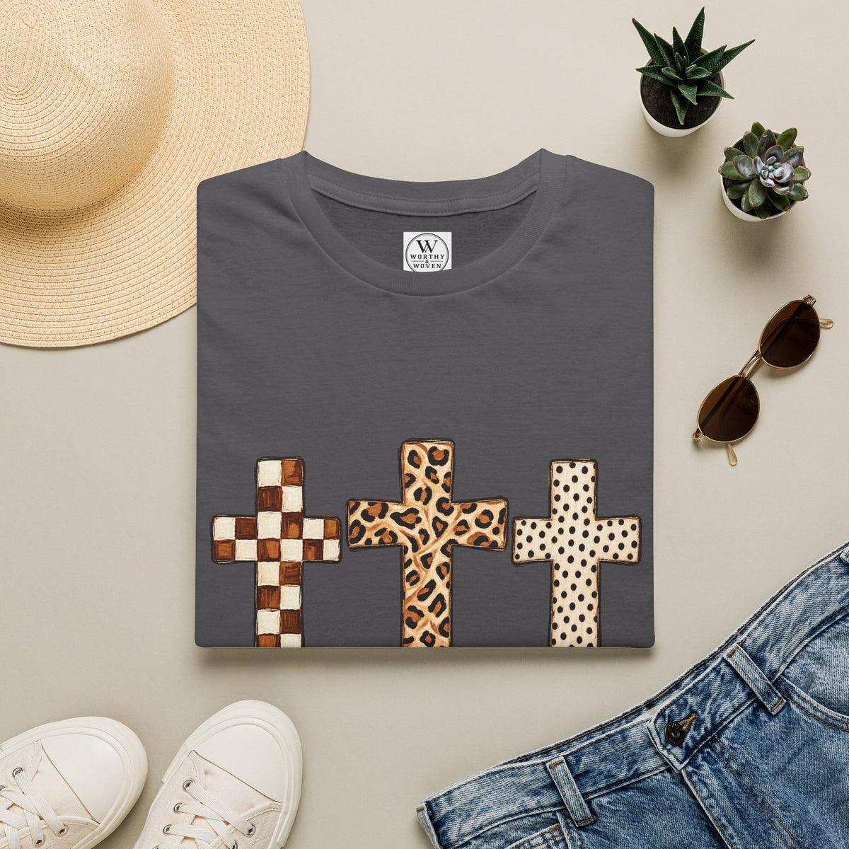 Leopard Checker Crosses Graphic T Shirt  Christian Faith Tee