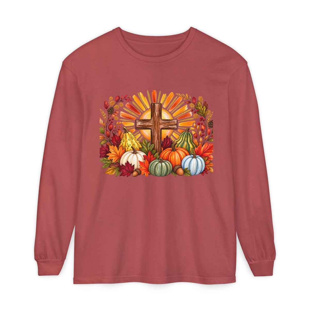 Christian Fall Cross Long Sleeve Tee Autumn Pumpkins and Leaves