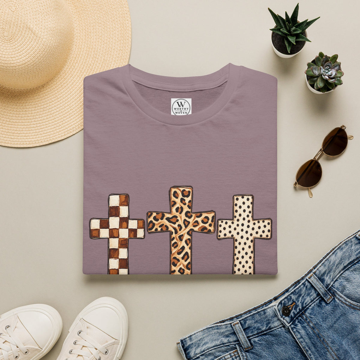 Leopard Checker Crosses Graphic T Shirt  Christian Faith Tee