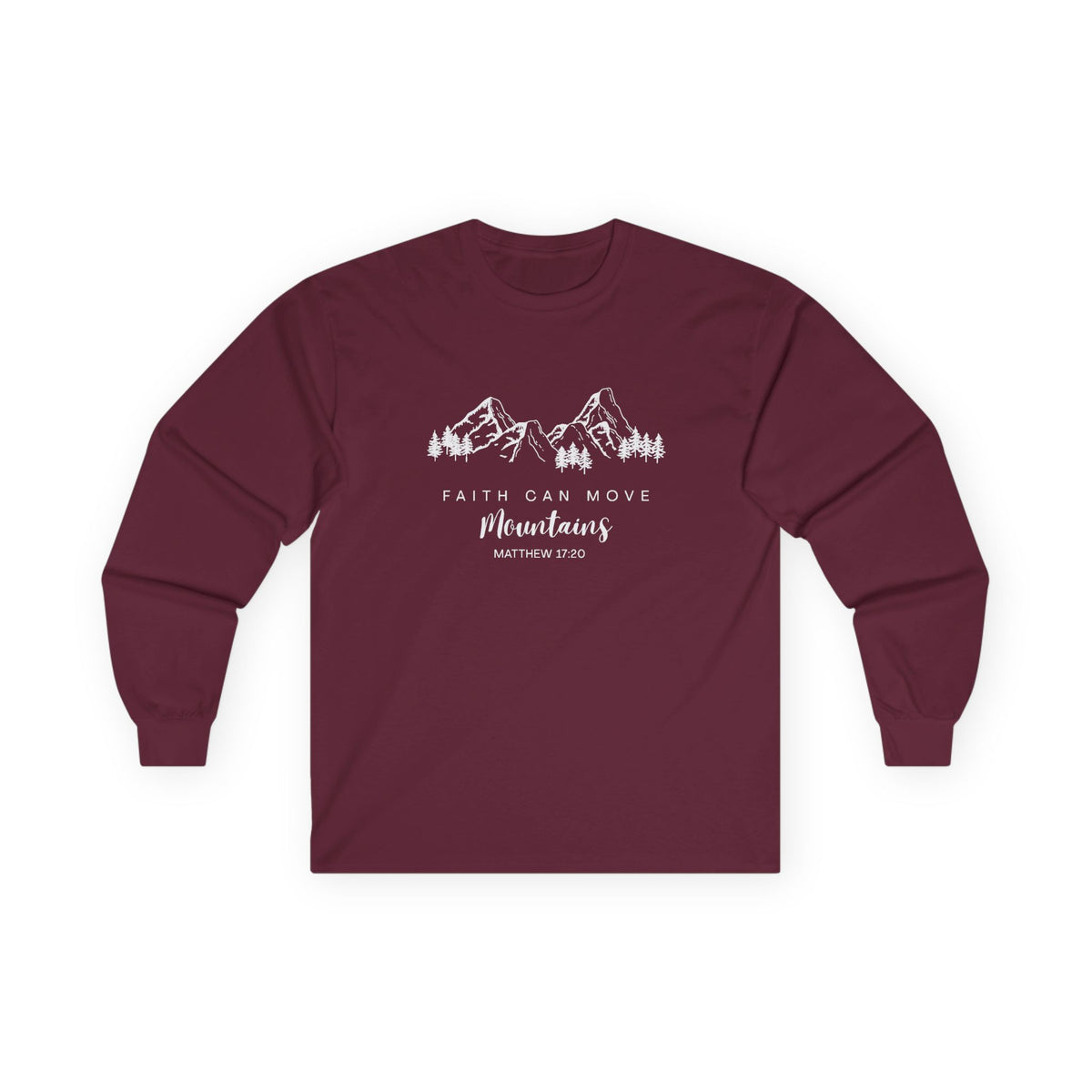 Long Sleeve Tee — "Faith Can Move Mountains" Mountain Graphic