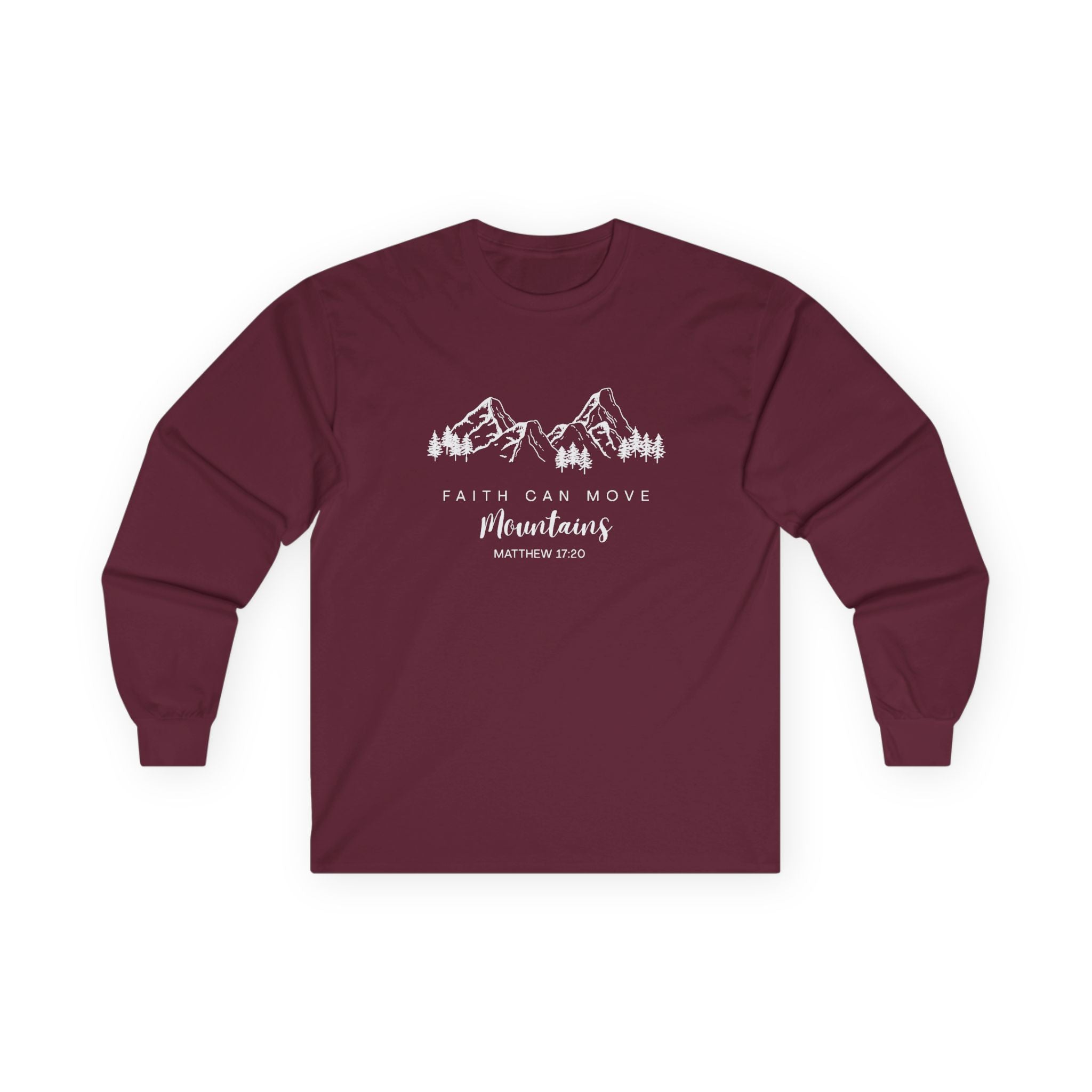 Long Sleeve Tee — "Faith Can Move Mountains" Mountain Graphic