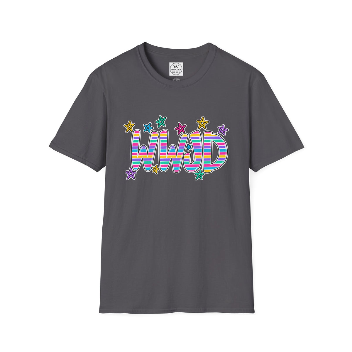 WWJD Rainbow Retro TShirt  Colorful Striped Letters with Stars
