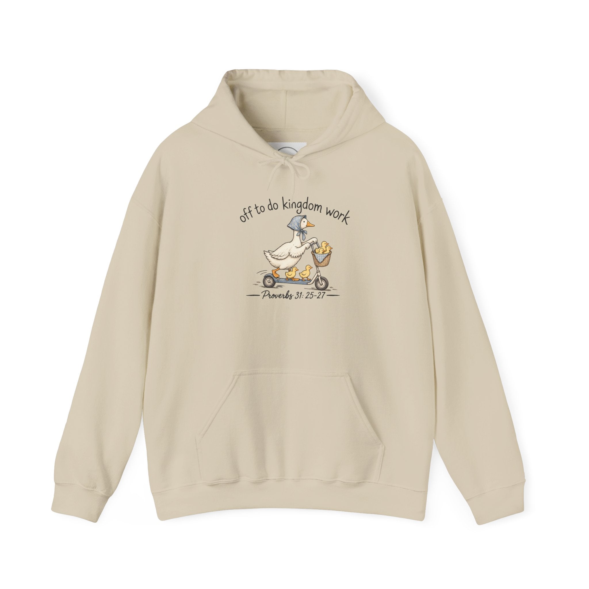 Hoodie — "Off to Do Kingdom Work" Goose Cartoon Christian Hoodie (Proverbs 31:25-27)