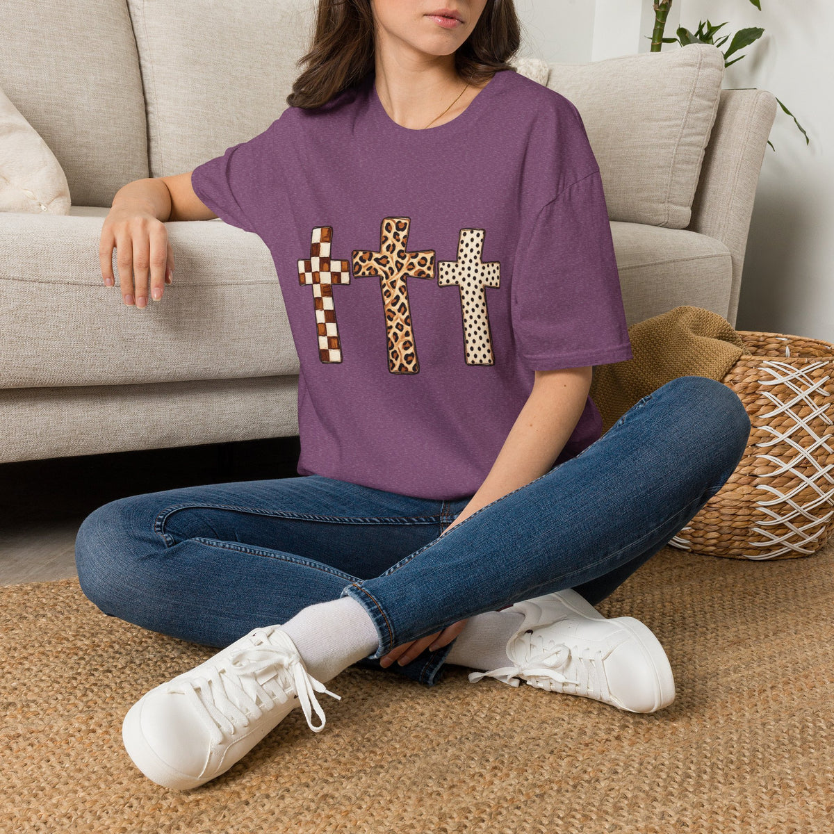 Leopard Checker Crosses Graphic T Shirt  Christian Faith Tee