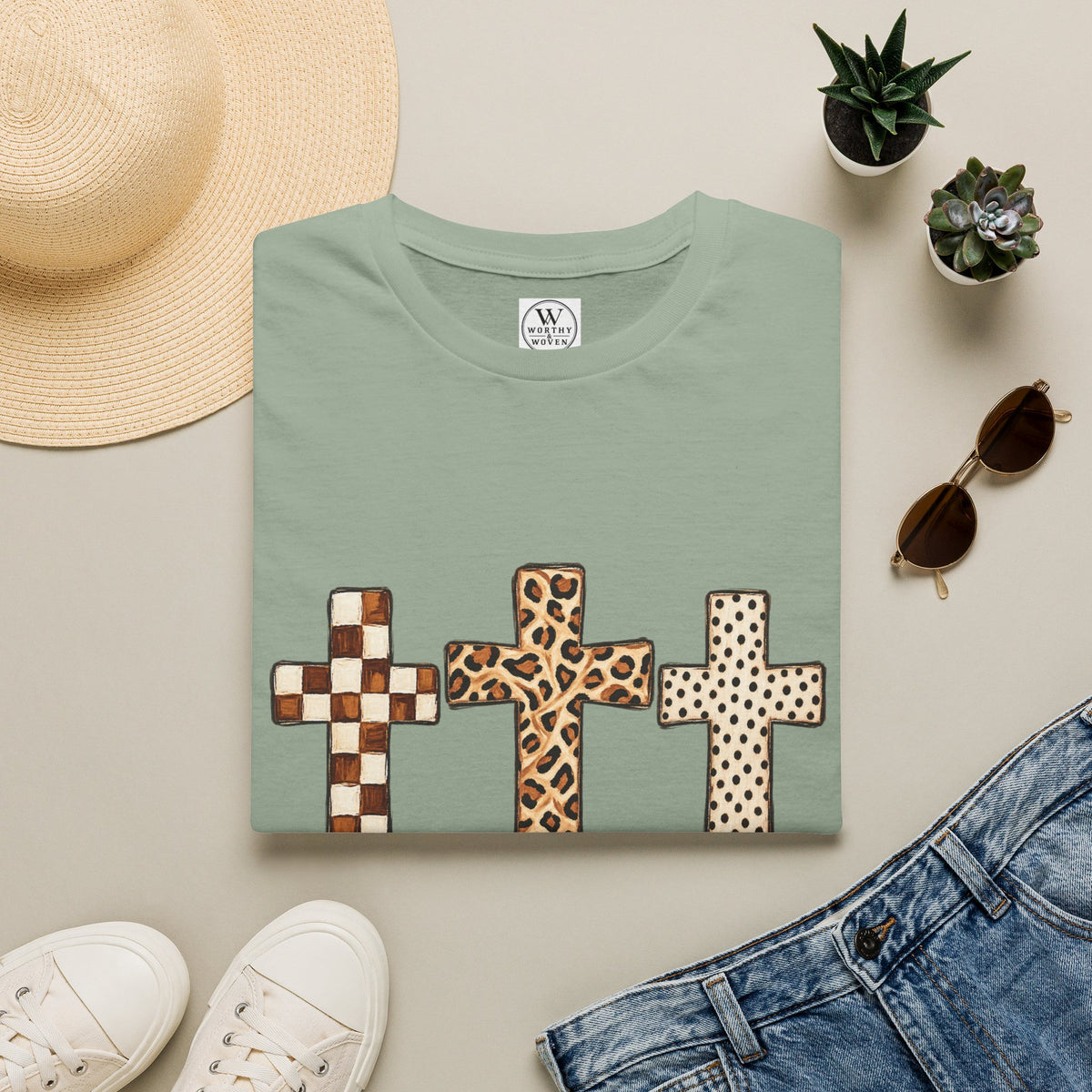 Leopard Checker Crosses Graphic T Shirt  Christian Faith Tee