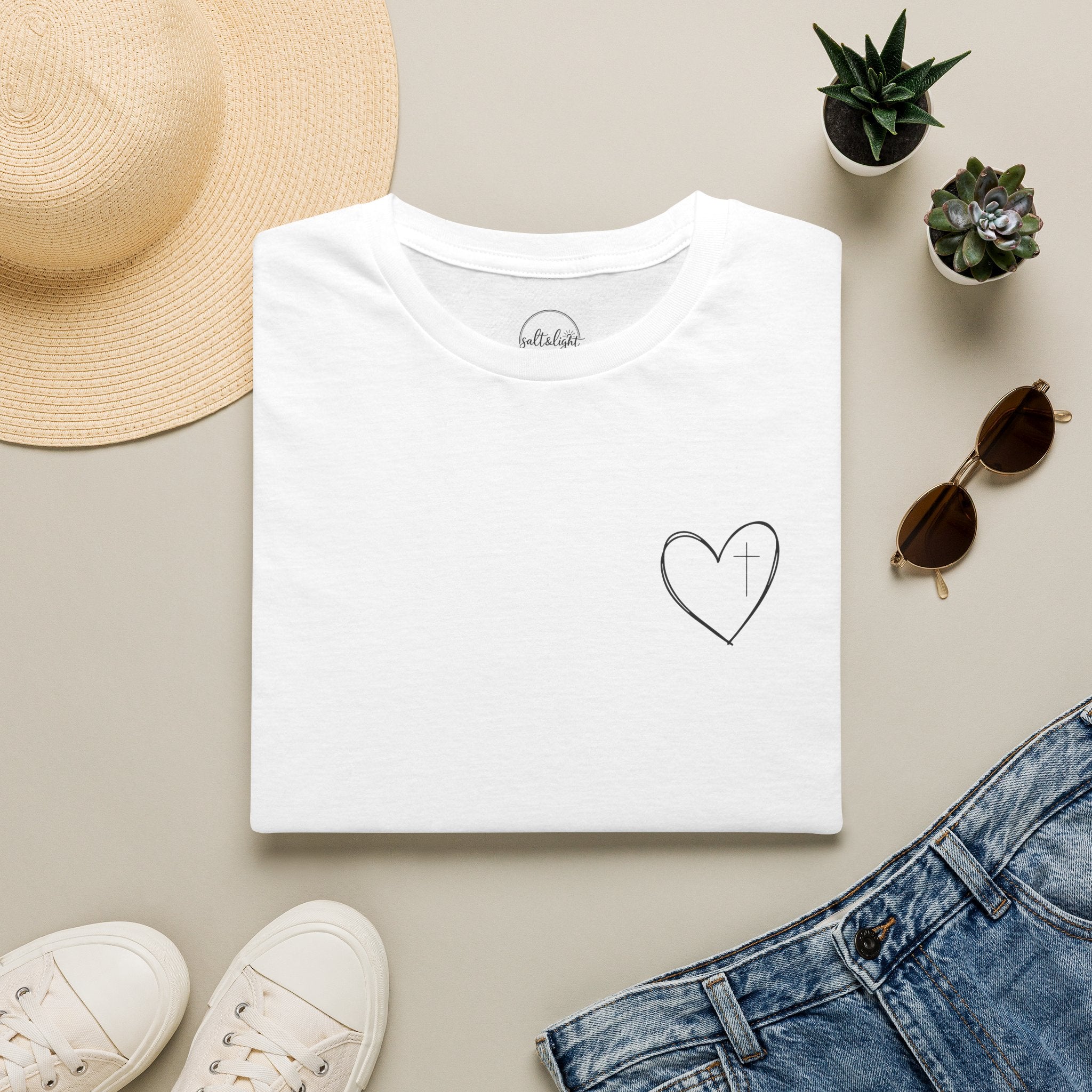 Minimal Cross Heart T‑Shirt — Simple Christian Heart Chest Tee