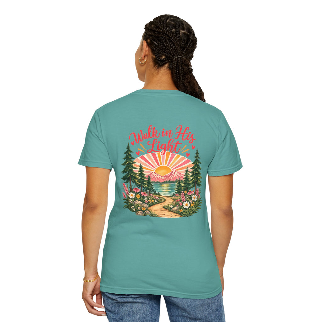 Walk in His Light T‑Shirt — Christian Sunrise Nature Tee