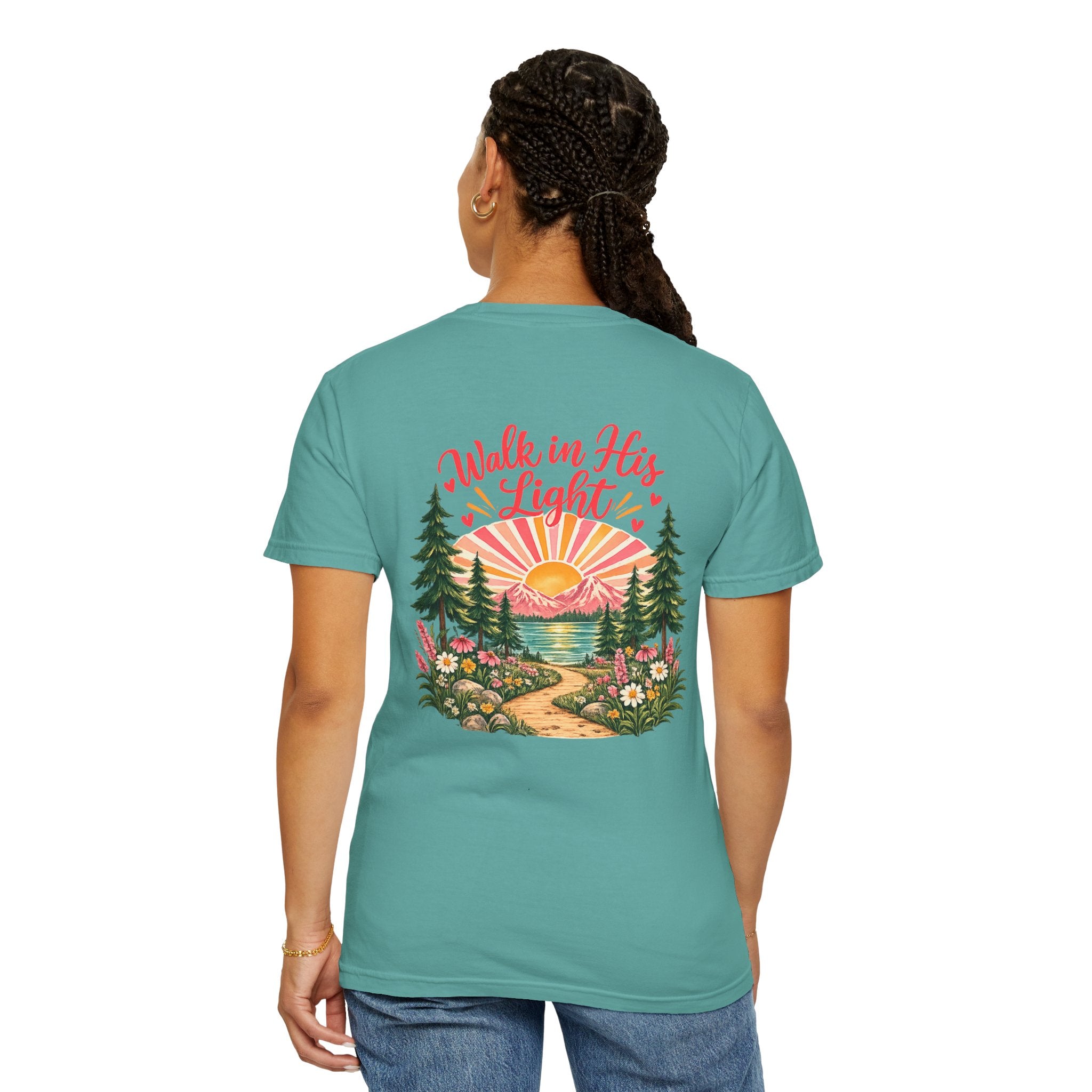 Walk in His Light T‑Shirt — Christian Sunrise Nature Tee