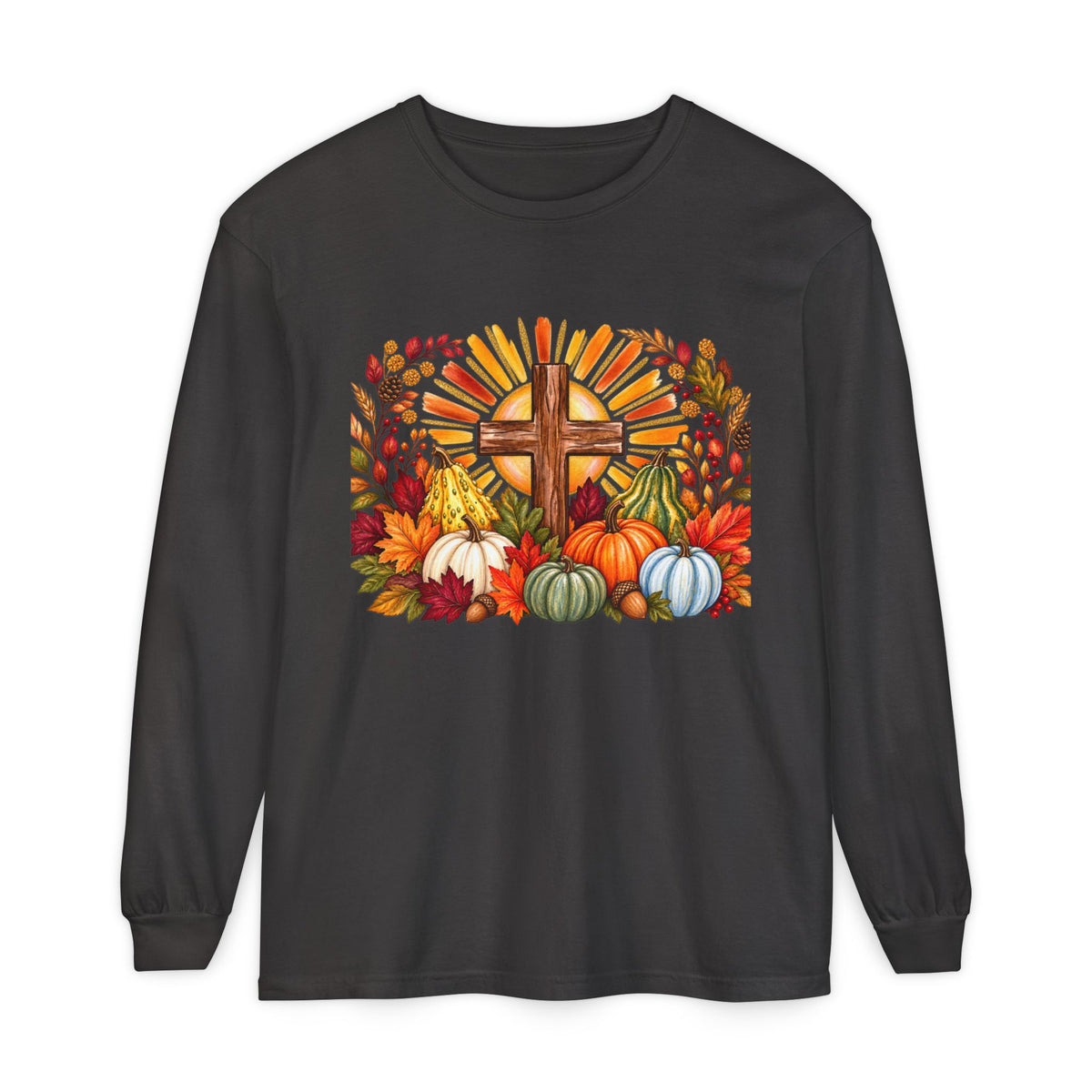 Christian Fall Cross Long Sleeve Tee Autumn Pumpkins and Leaves