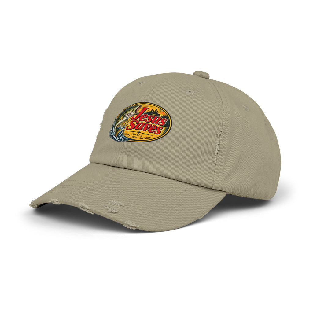 Distressed Cap — "Jesus Saves" Fishing Graphic Hat