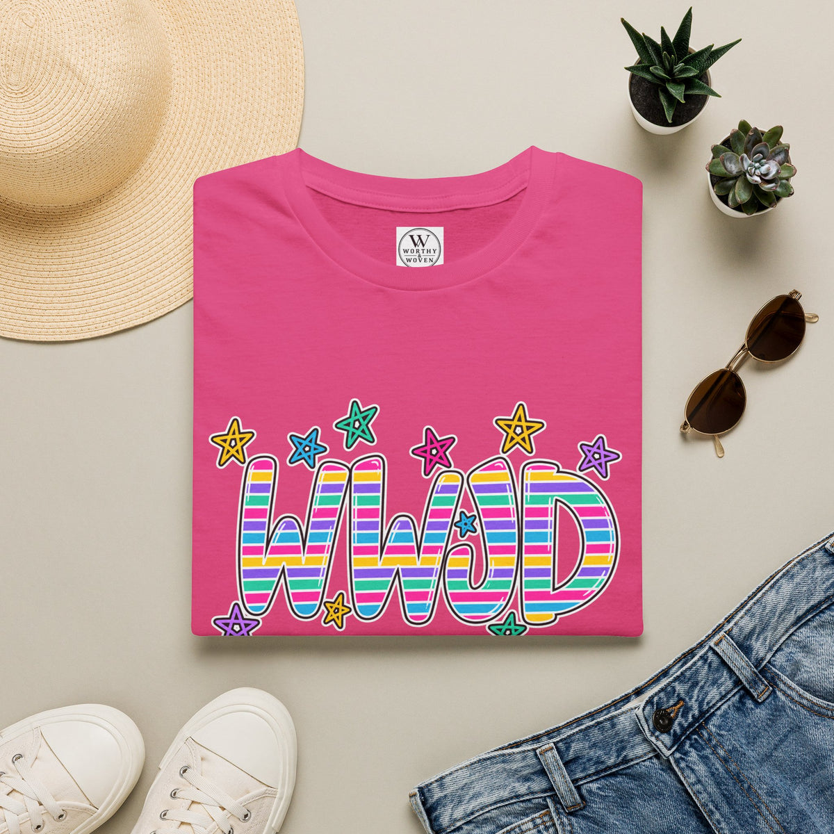 WWJD Rainbow Retro TShirt  Colorful Striped Letters with Stars