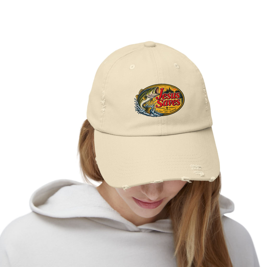 Distressed Cap — "Jesus Saves" Fishing Graphic Hat