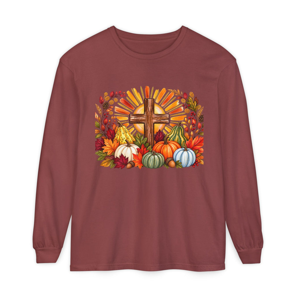 Christian Fall Cross Long Sleeve Tee Autumn Pumpkins and Leaves