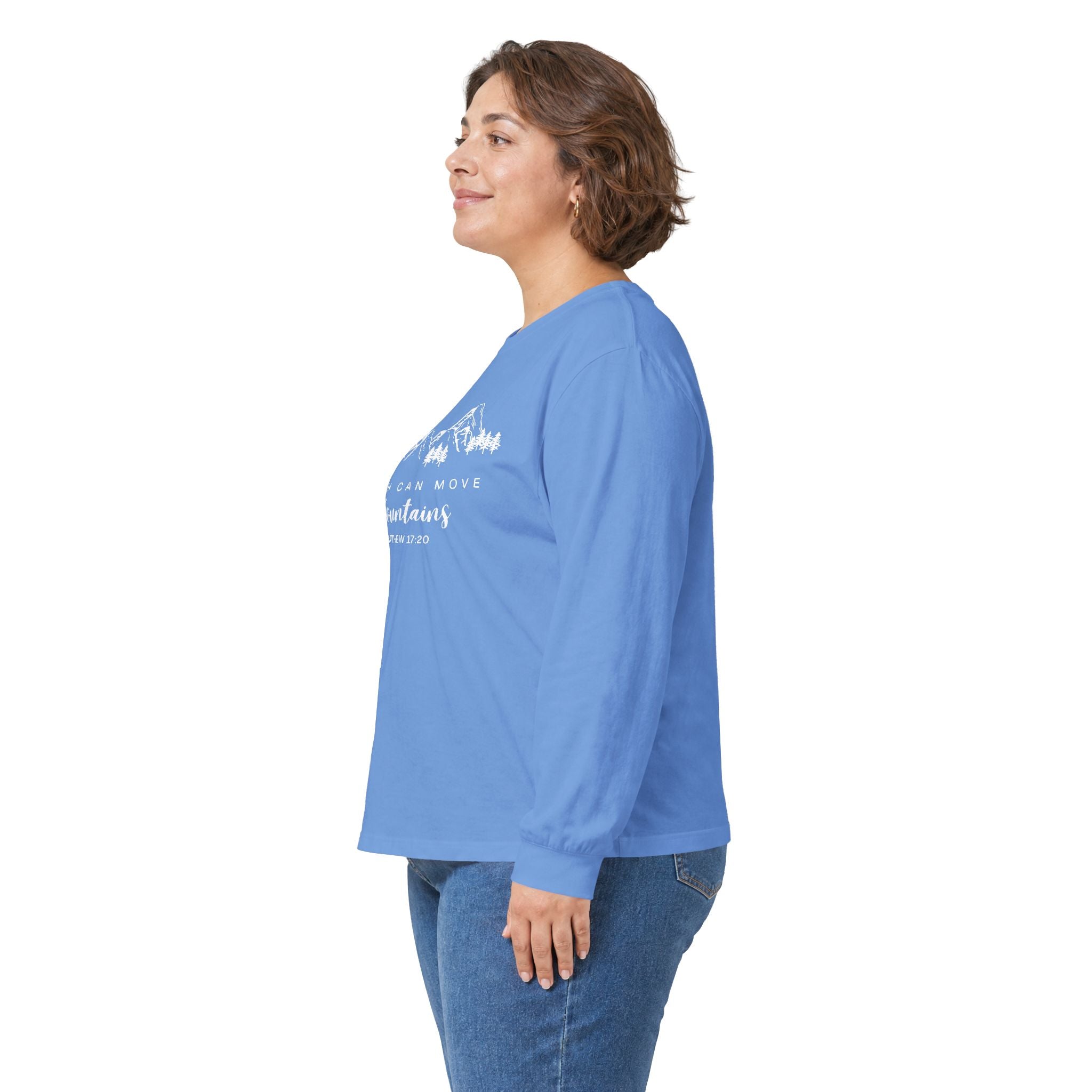 Long Sleeve Tee — "Faith Can Move Mountains" Mountain Graphic