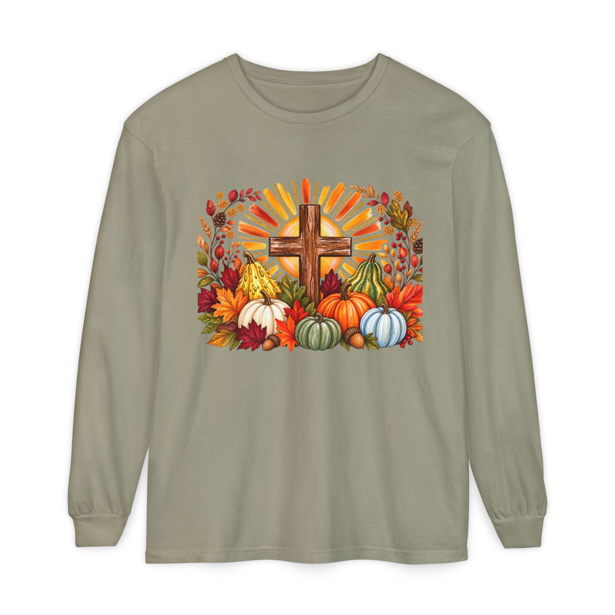 Christian Fall Cross Long Sleeve Tee Autumn Pumpkins and Leaves