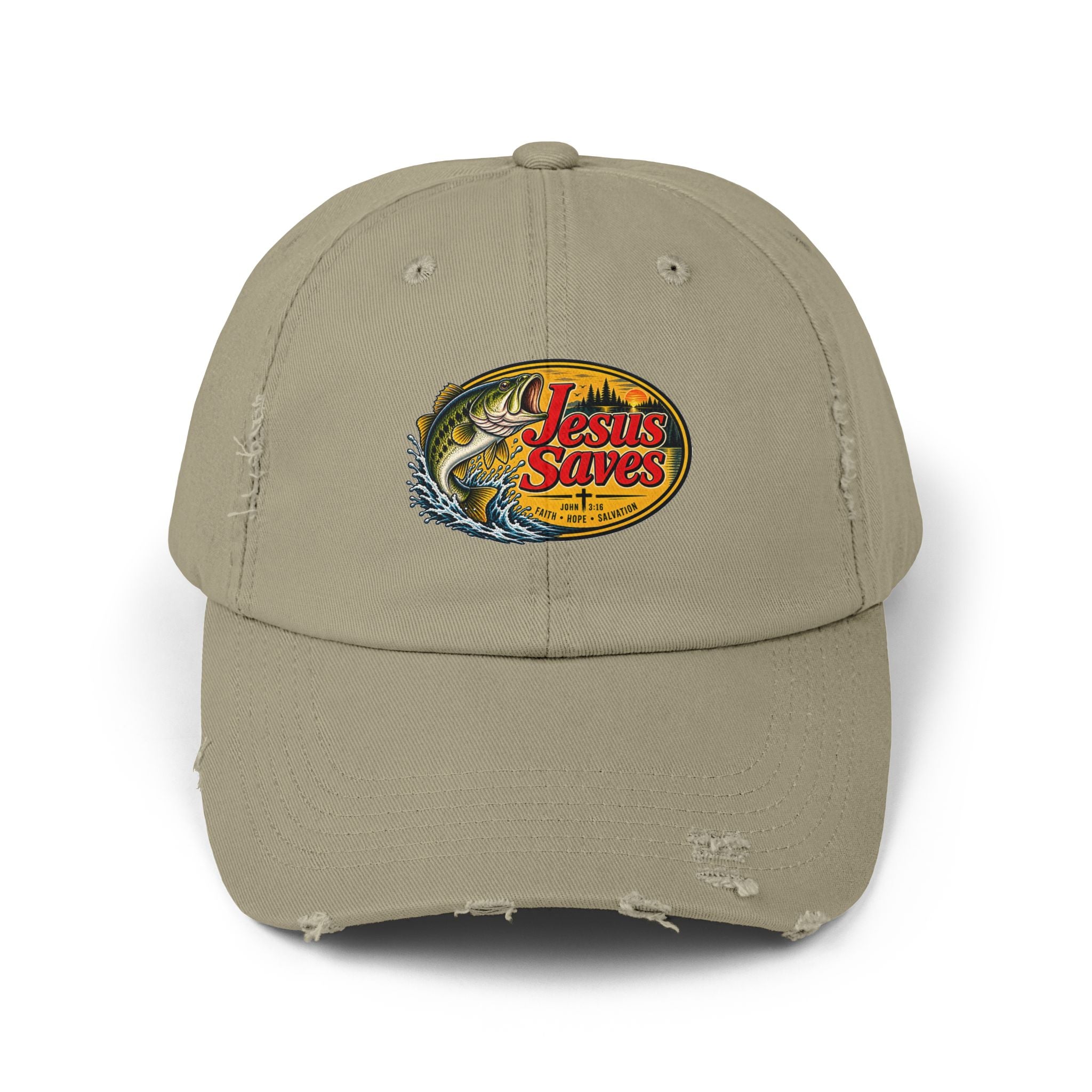 Distressed Cap — "Jesus Saves" Fishing Graphic Hat
