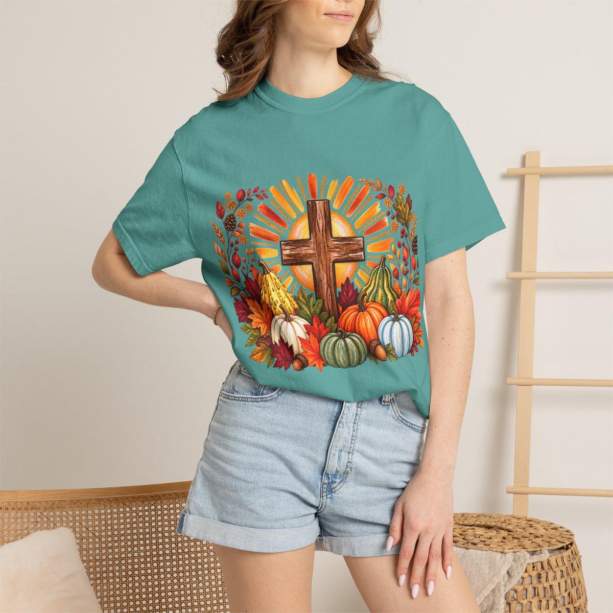 Autumn Harvest Cross TShirt Fall Pumpkin  and Faith Graphic