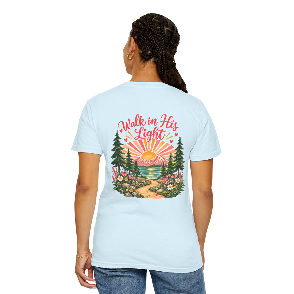 Walk in His Light T‑Shirt — Christian Sunrise Nature Tee