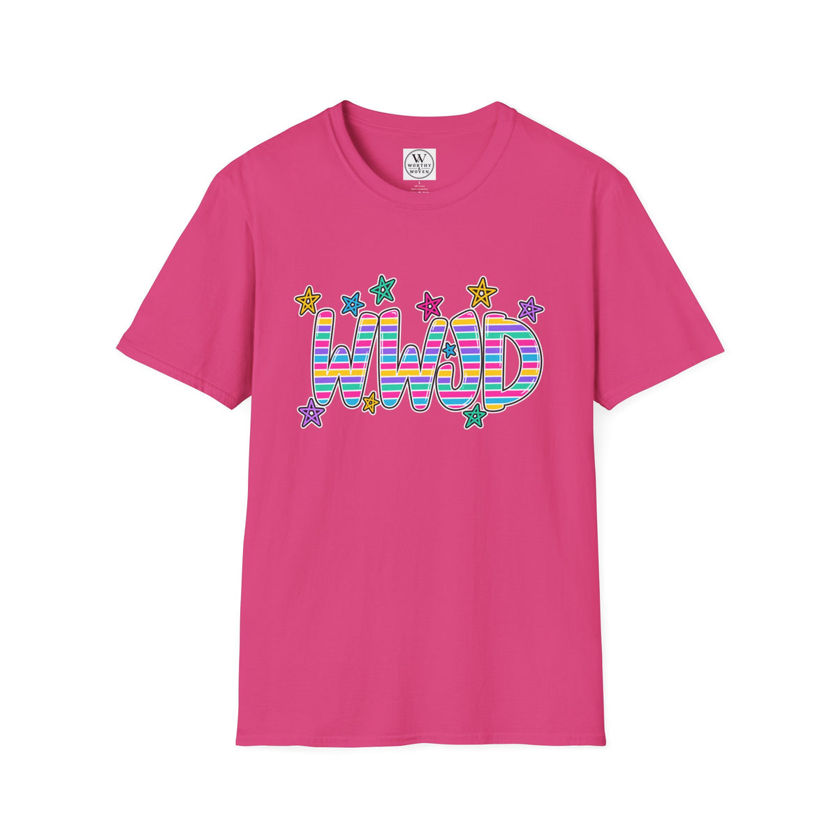 WWJD Rainbow Retro TShirt  Colorful Striped Letters with Stars