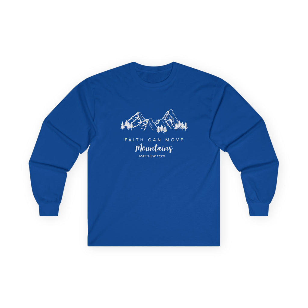 Long Sleeve Tee — "Faith Can Move Mountains" Mountain Graphic