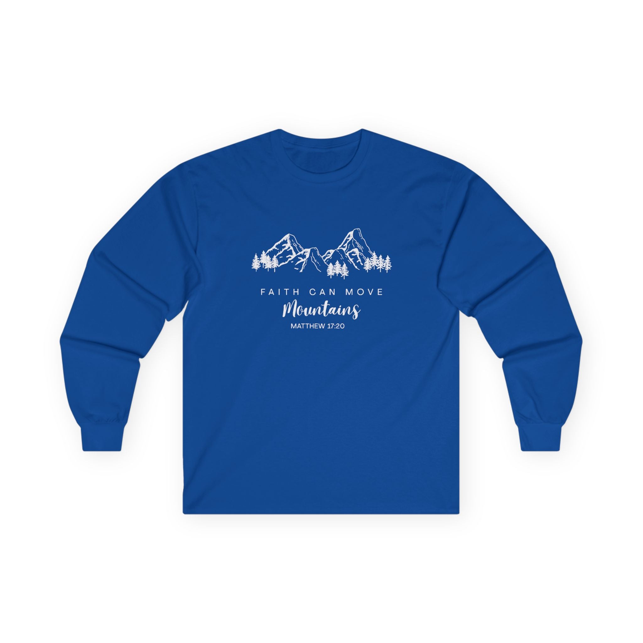 Long Sleeve Tee — "Faith Can Move Mountains" Mountain Graphic