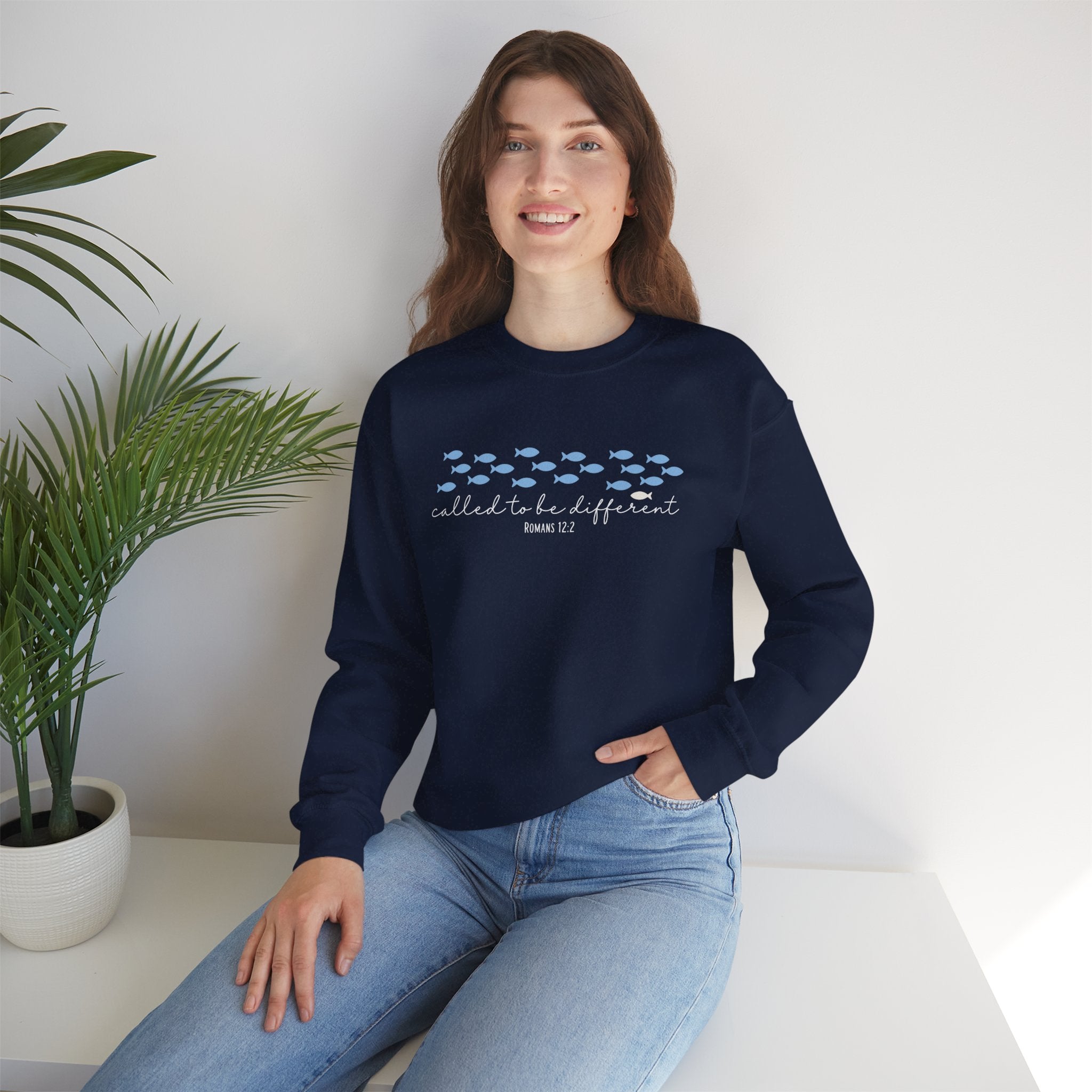 Crewneck Sweatshirt - 'Called to be Different' Blue Fish Design | Christian Faith Sweatshirt, Inspirational Gift