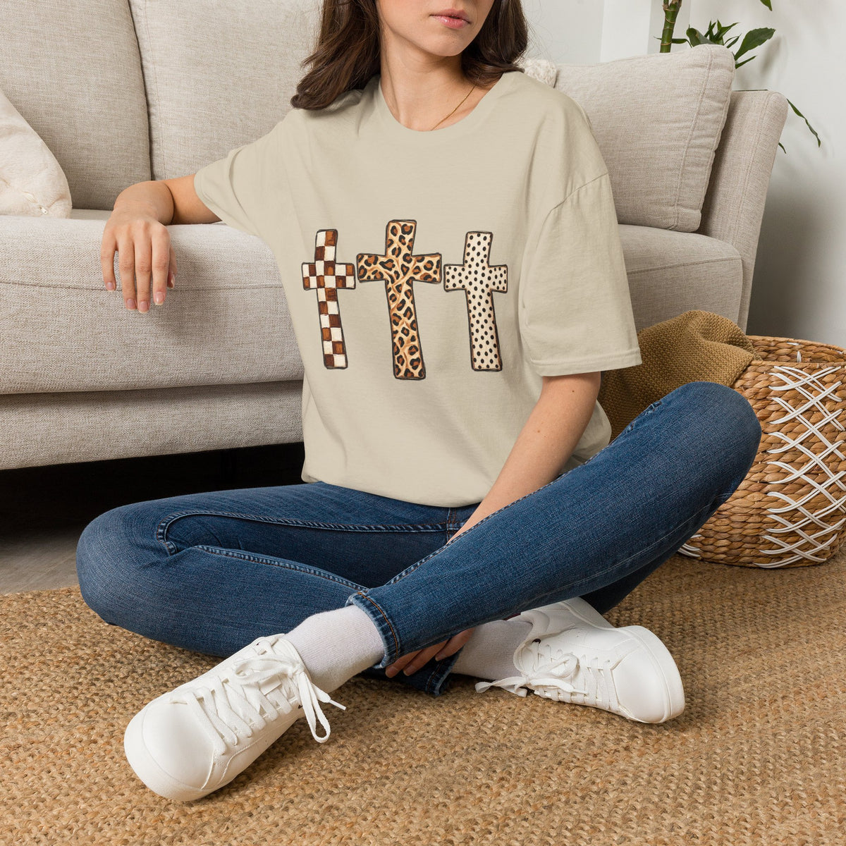 Leopard Checker Crosses Graphic T Shirt  Christian Faith Tee