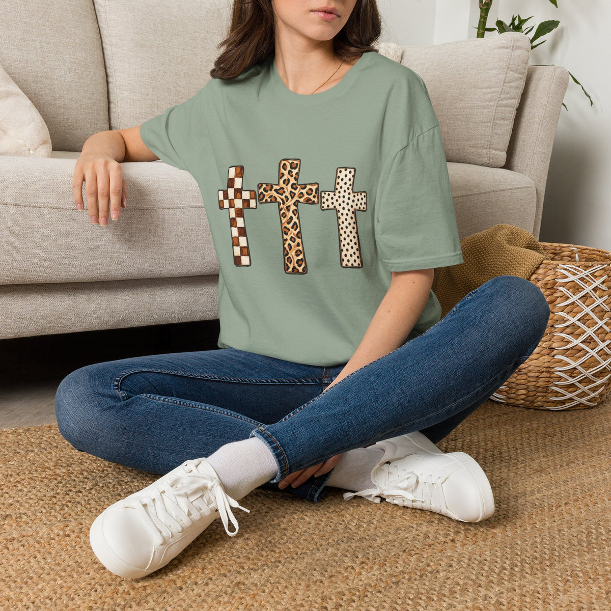 Leopard Checker Crosses Graphic T Shirt  Christian Faith Tee