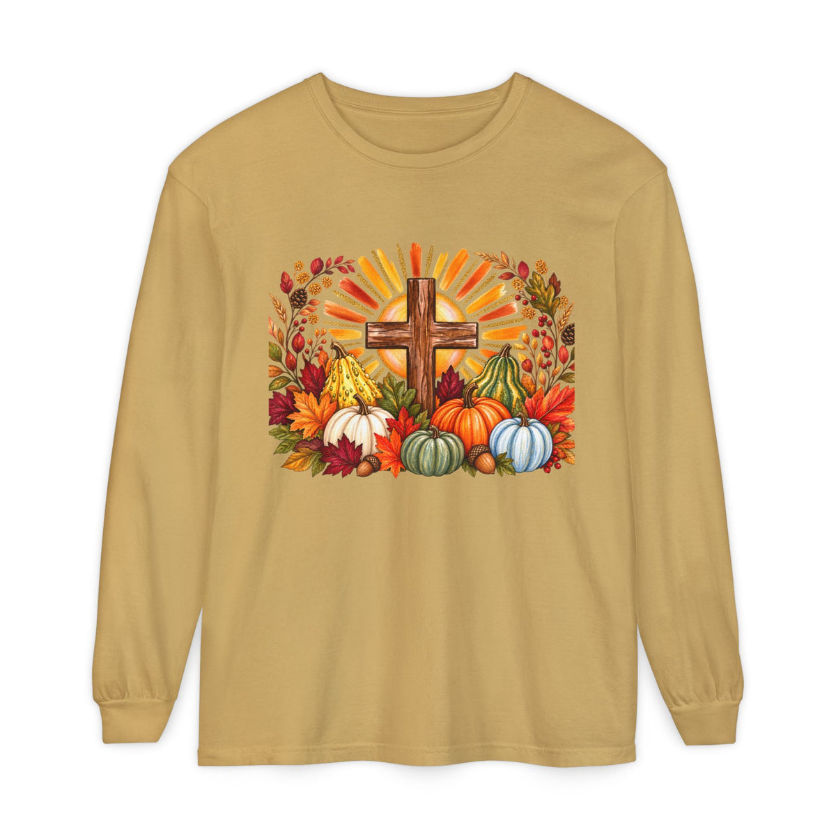Christian Fall Cross Long Sleeve Tee Autumn Pumpkins and Leaves