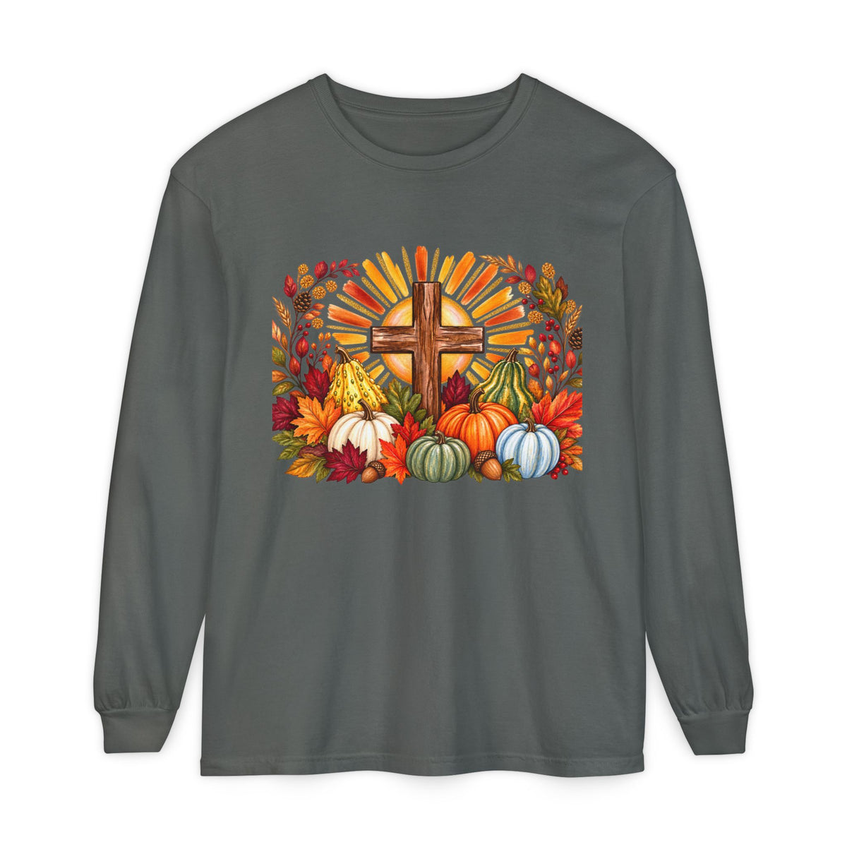 Christian Fall Cross Long Sleeve Tee Autumn Pumpkins and Leaves