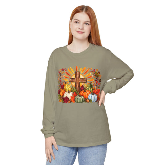 Christian Fall Cross Long Sleeve Tee Autumn Pumpkins and Leaves