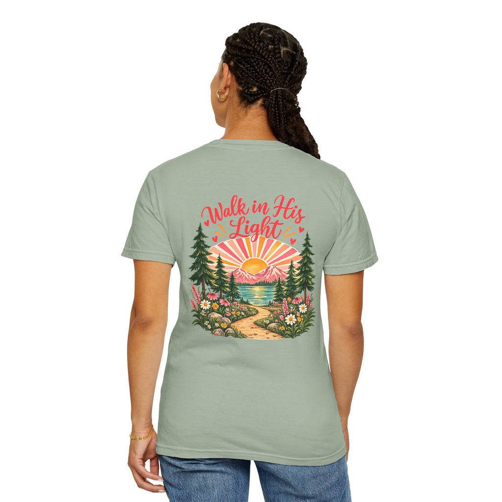 Walk in His Light T‑Shirt — Christian Sunrise Nature Tee
