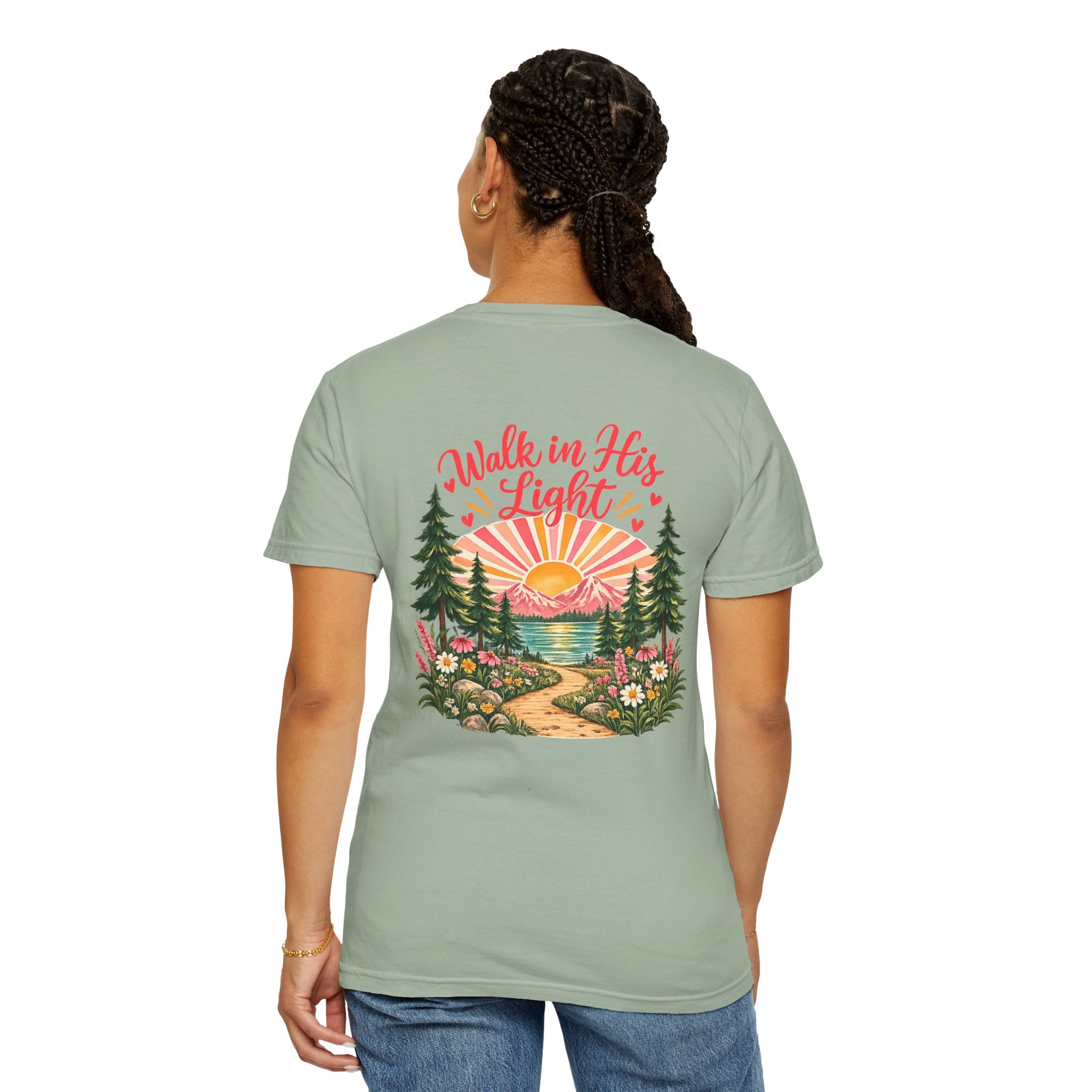 Walk in His Light T‑Shirt — Christian Sunrise Nature Tee