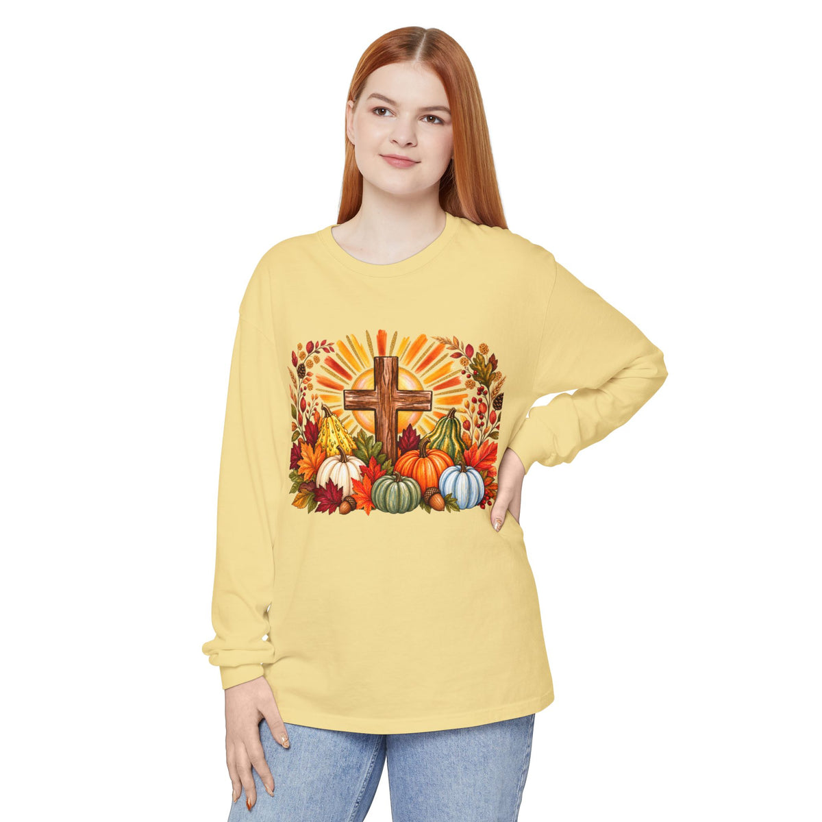 Christian Fall Cross Long Sleeve Tee Autumn Pumpkins and Leaves