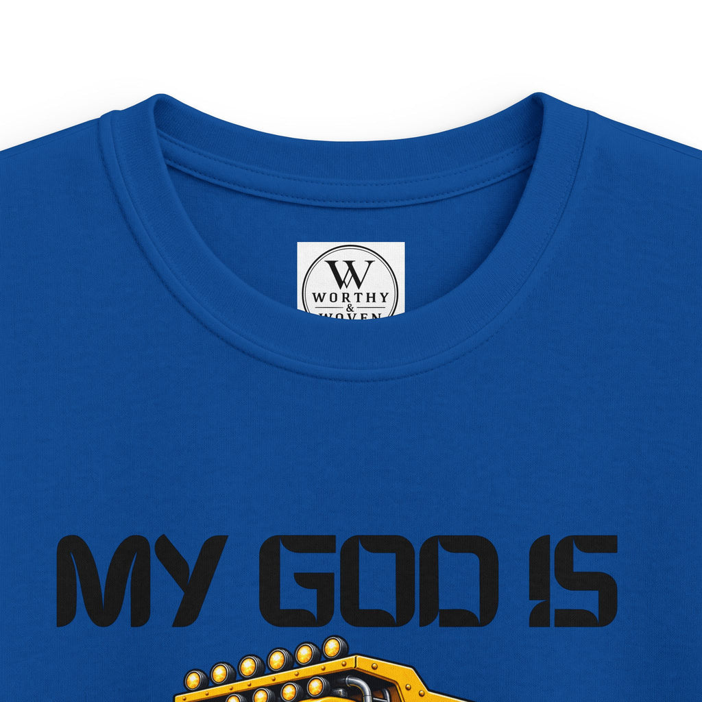 Kids Tee – "My God Is So Big" Yellow Dump Truck Graphic
