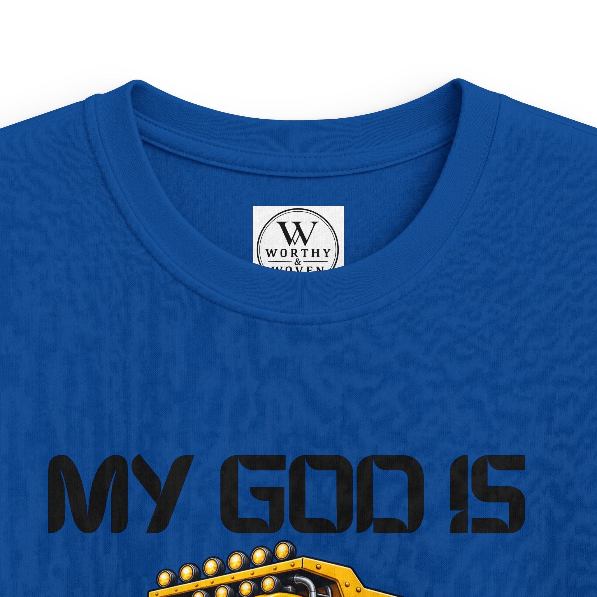 Kids Tee – "My God Is So Big" Yellow Dump Truck Graphic