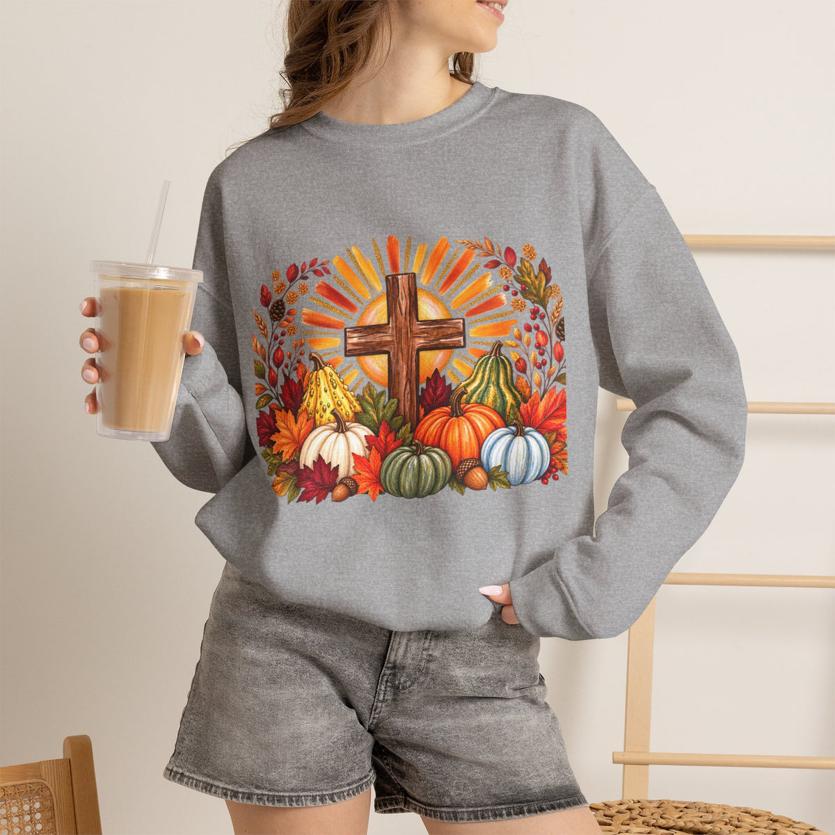 Faithful Harvest Sweatshirt  Cross and Autumn Pumpkins Crewneck